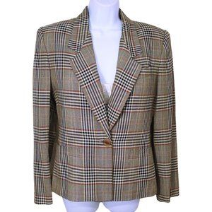Vintage 80s Dividends Plaid Checked Blazer Suit Coat Ladies-6 Pockets Linen